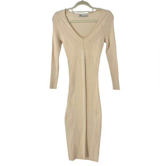 Rare Zara Ecru Ribbed Knit Midi Dress Sculpting Long Sleeve Bodycon Cream Beige - Picture 5 of 14
